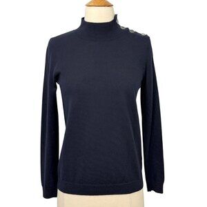 Sezane Jacob Sweater Jumper Navy Blue Long Sleeve Wool High Neck Buttons Size XS